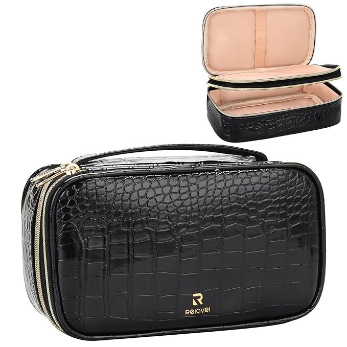Relavel Small Makeup Bag, Cosmetic Bag for Women 2 Layer Travel Makeup Organizer Black Handbag Pu... | Amazon (US)