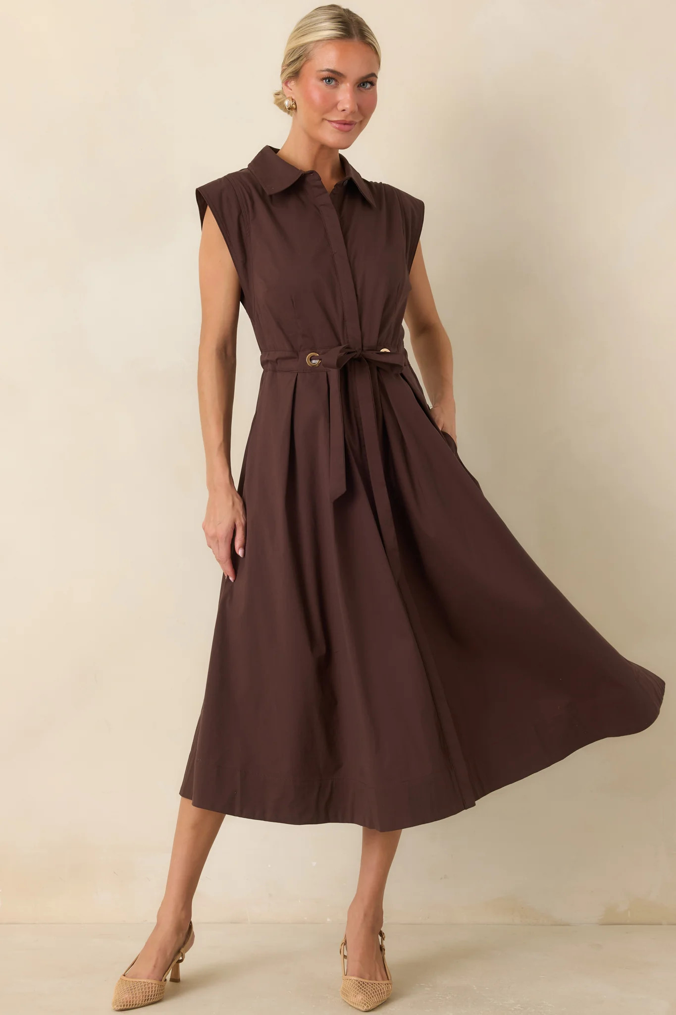 A Better Plan Brown Cotton Poplin Belted Midi Dress | Red Dress