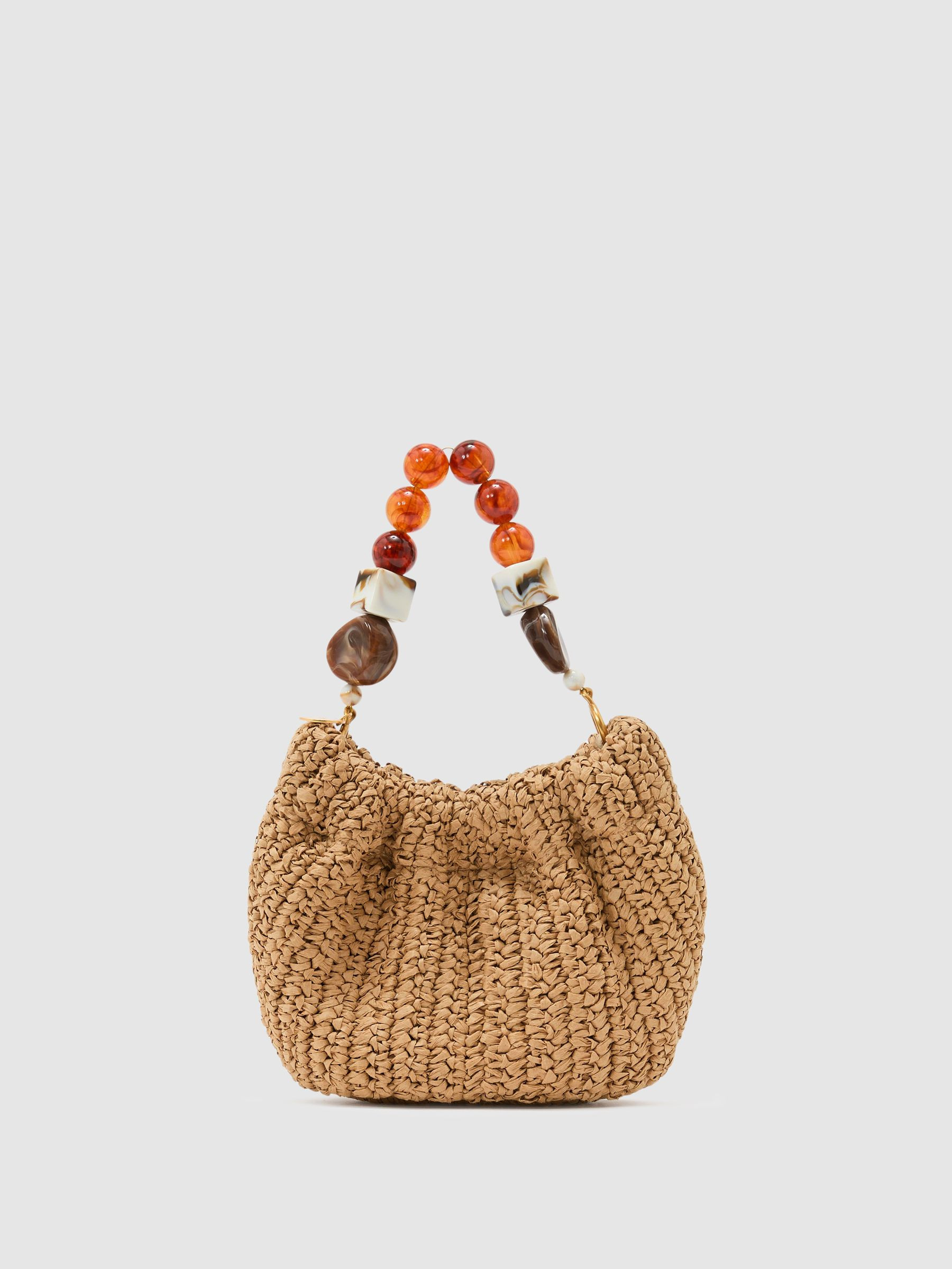 Reiss Raffia-Effect Beaded-Handle Pouch Bag in Natural - REISS | Reiss UK