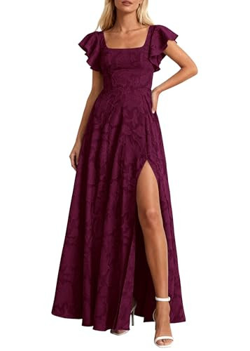 KIRUNDO Cocktail Dresses for Women Elegant Wedding Guest Summer Formal Maxi Lace Floral Slit Prom Party Bridesmaid Dress (Burgundy, Small) | Amazon (US)