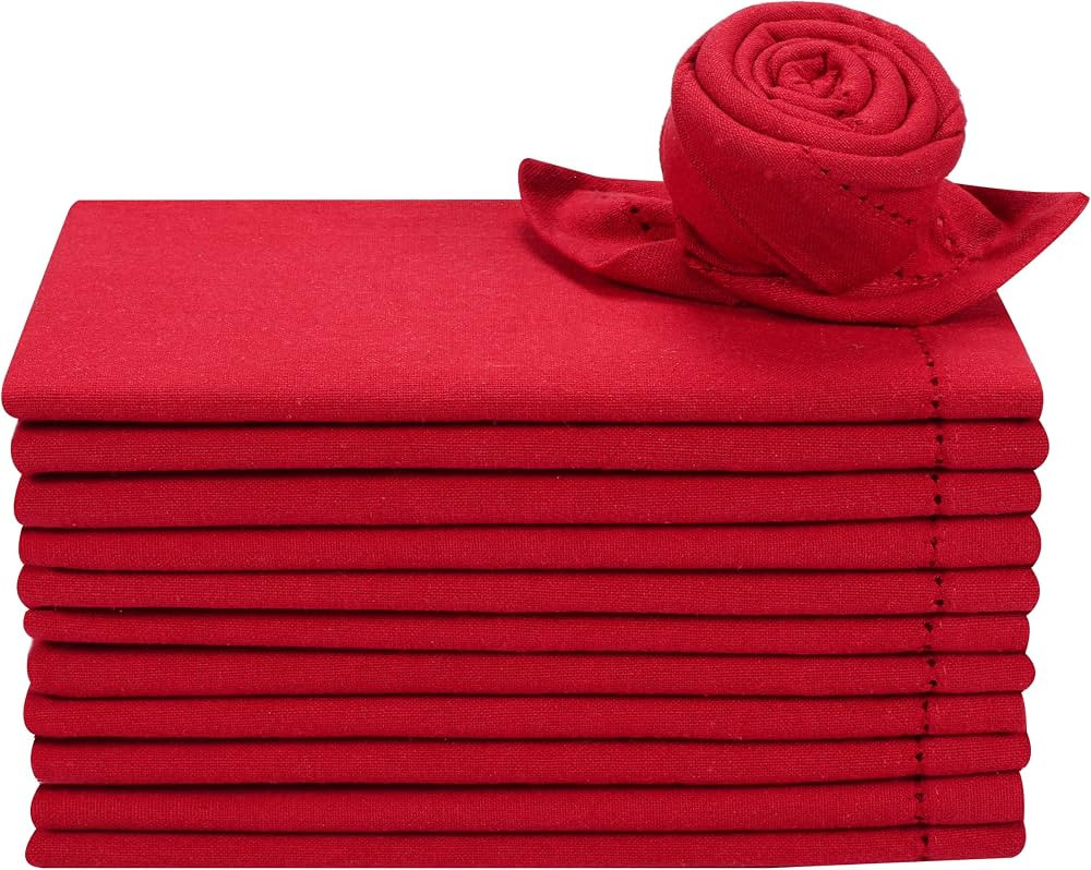 Christmas Red Cotton Cloth Dinner Napkins Set of 12 - Hemstitched 18x18 Inch Decorative Soft Wash... | Amazon (US)