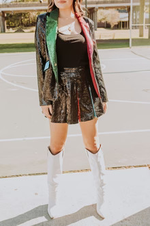 Black Sequin Colorblock Lapel Blazer | Queen of Sparkles