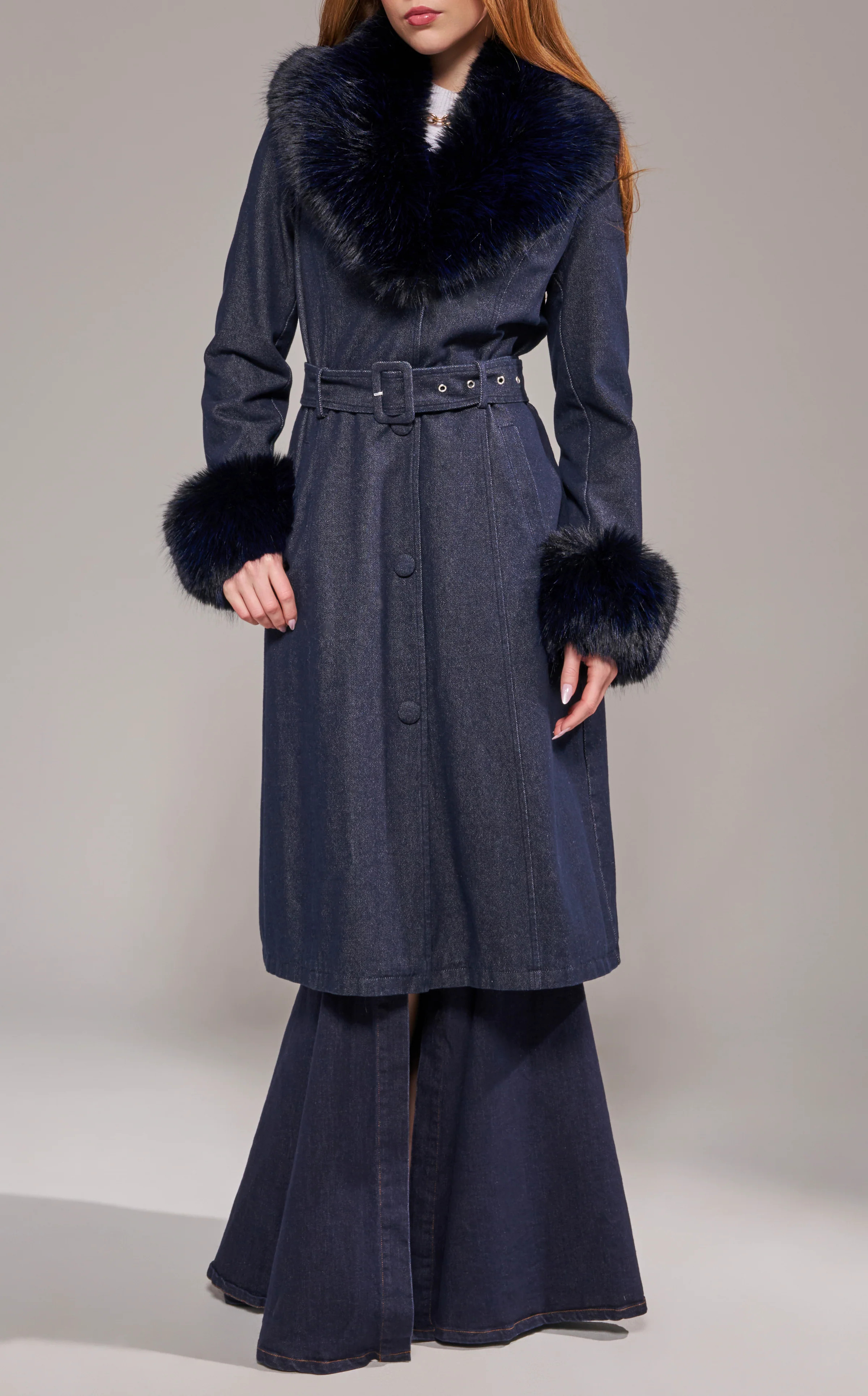 KAYA-DKDENIM FAUX FUR TRENCH COAT | Azalea Wang