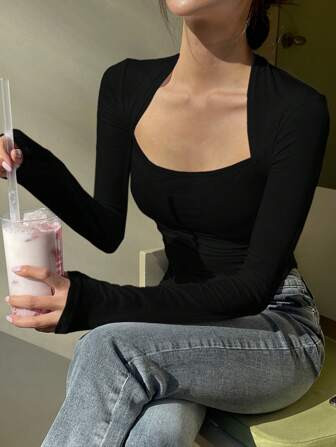 DAZY Women's Swan Neck Long Sleeve T-Shirt | SHEIN USA | SHEIN