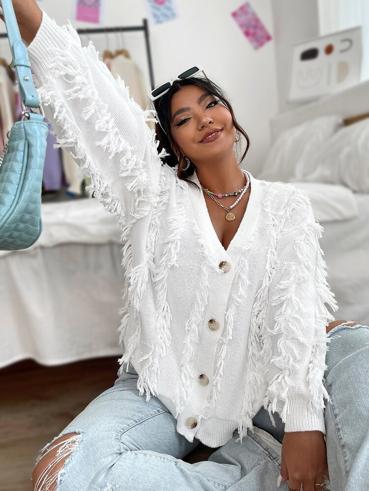 Plus Frayed Trim Drop Shoulder Cardigan | SHEIN