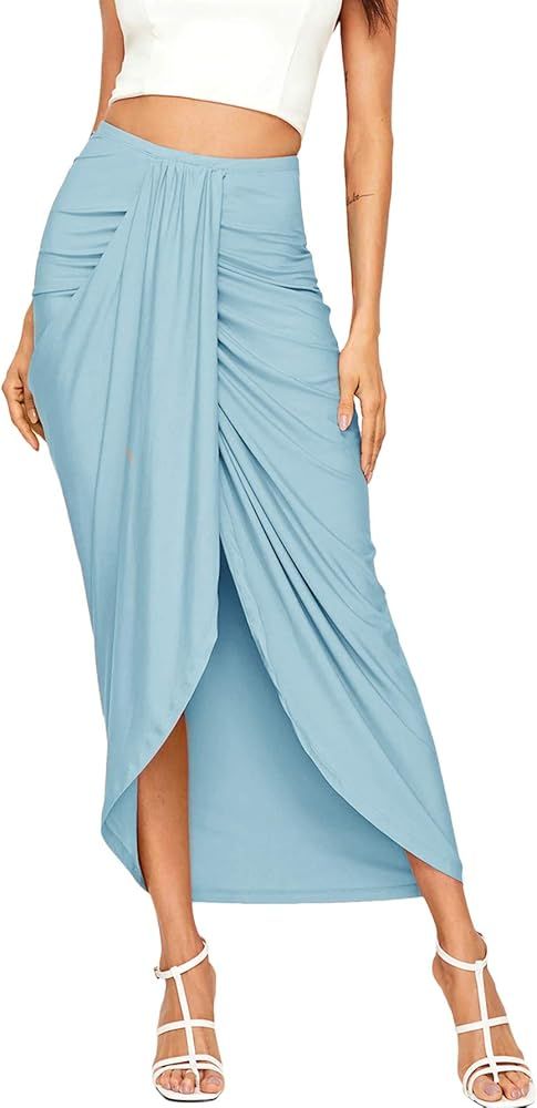 SheIn Women's Casual Slit Wrap Asymmetrical Elastic High Waist Maxi Draped Skirt Light Blue Mediu... | Amazon (US)