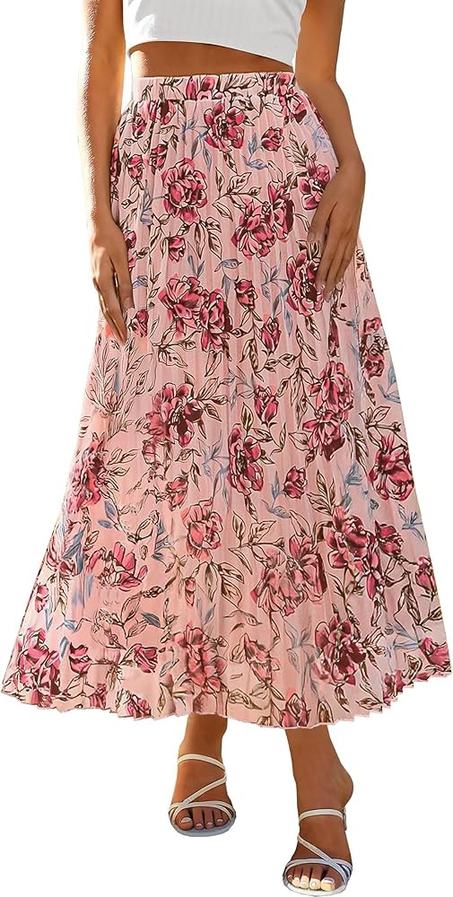 ANRABESS Womens Pleated Maxi Skirts Summer Floral Chiffon Dressy Casual Flowy Skirt with Full Lin... | Amazon (US)
