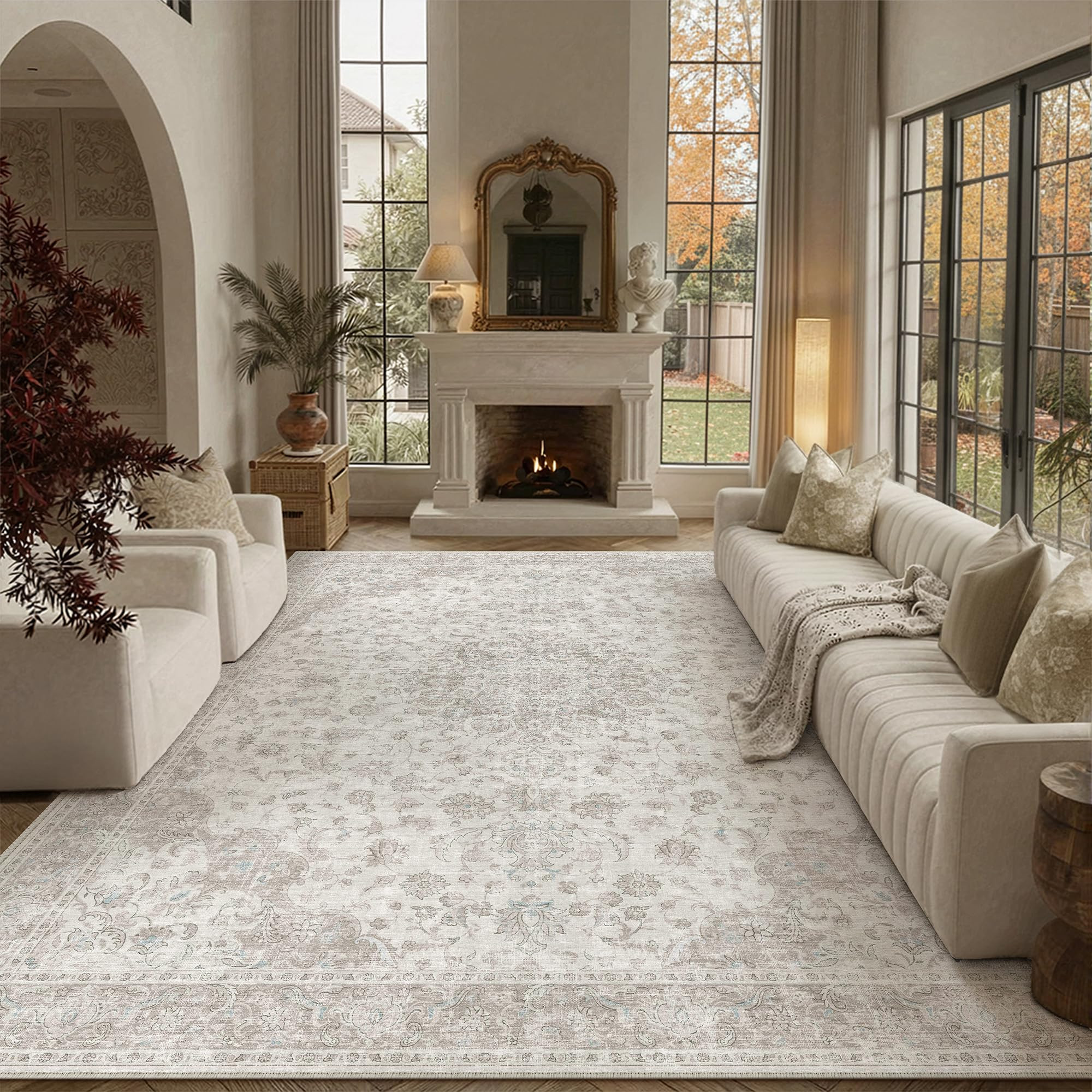 8x10 Area Rug Washable Neutral Beige Vintage Living Room Bedroom Carpet Non Slip Low Pile Soft Fl... | Amazon (US)