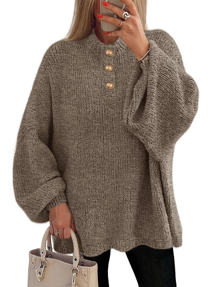 MEROKEETY Women's 2025 Fall Oversized Sweaters Chunky Long Lantern Sleeve Buttoned Mock Neck Wint... | Amazon (US)