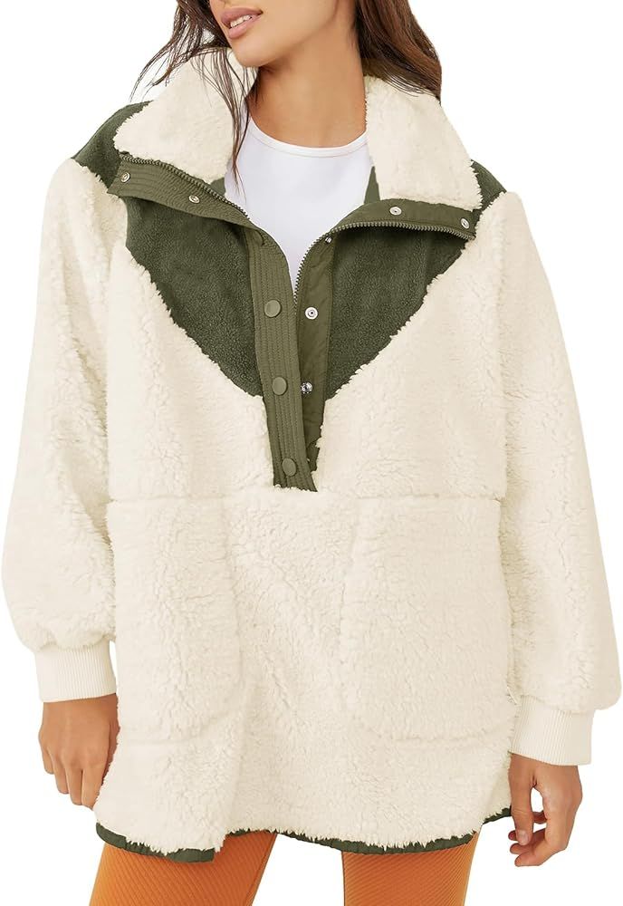 Imily Bela Womens Fleece Sherpa Zipper Jackets Patchwork Long Sleeve Button Down Sweatshirt with ... | Amazon (US)
