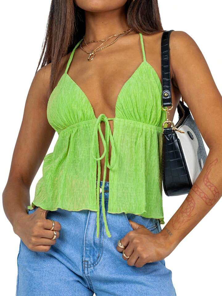 Women Y2k Front Tie Crop Tops Halter Neck Flowy Plisse Summer Going Out Top Sexy Split Sleeveless Cami Shirt | SHEIN