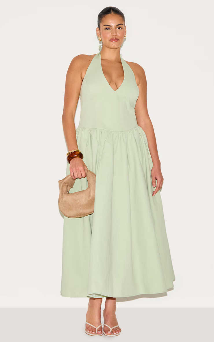 Plus Sage Green Halterneck Tie Detail Midaxi Dress | PrettyLittleThing US