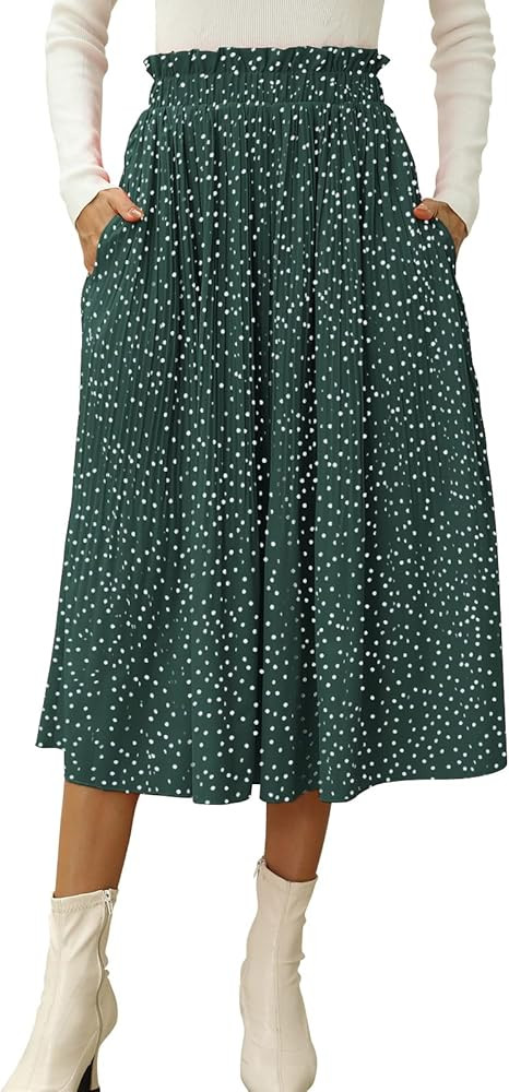 Naggoo Women's Skirts High Elastic Waisted Casual Skirt Pleated Floral/Solid Midi Skirts with Poc... | Amazon (US)