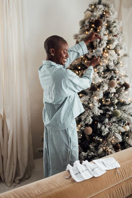 Green and white striped Christmas pajamas, flocked Christmas tree and a custom snowflake ornament  

#LTKGiftGuide #LTKHolidaySale #LTKHoliday