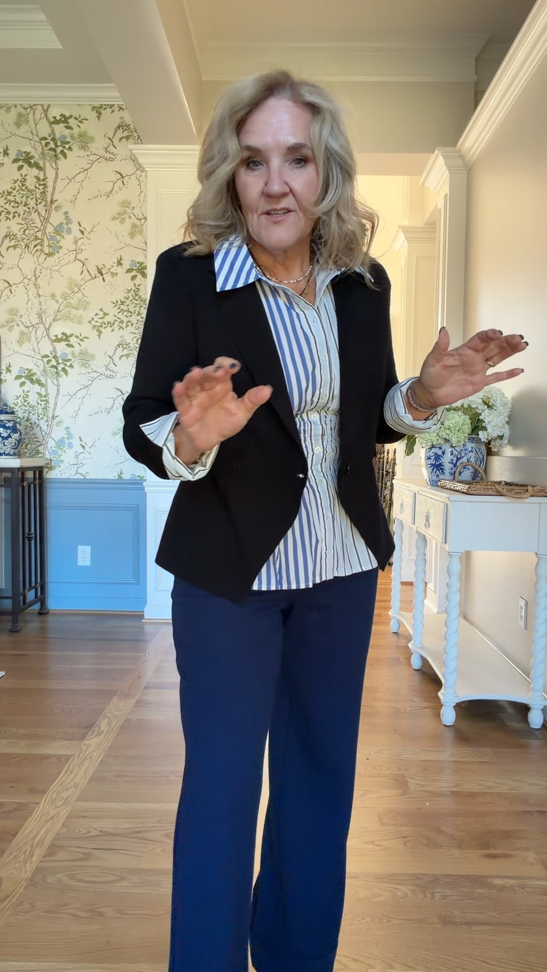 Sweater blazer size medium. It’s not very heavy. It’s a really nice weight for every day use. And I love the cinch in waist when you button it.
Peplum blouse full button front. Size medium I’m also gonna link the Nordstrom rack blouses because they are lower price point.
These trousers are really nice. Wearing size 8 petite I love the wide cuff and they’re very comfortable. Side zip closure with snap pockets on the back.
Wearing my favorite sling back I size up a half size for a little extra room in the toes

Work outfit conference outfit office outfit

#LTKOver40 #LTKPetite #LTKWorkwear