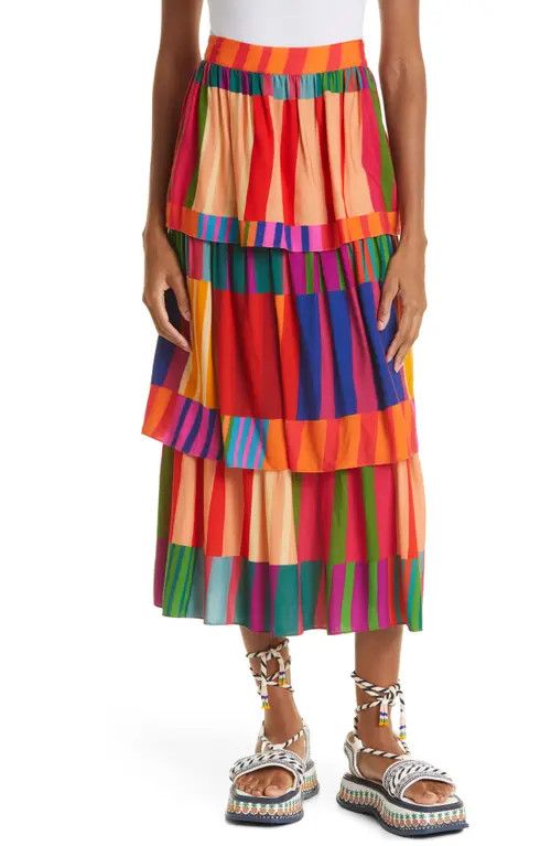 FARM Rio Sunset Stripes Tiered Midi Skirt at Nordstrom, Size Small | Nordstrom