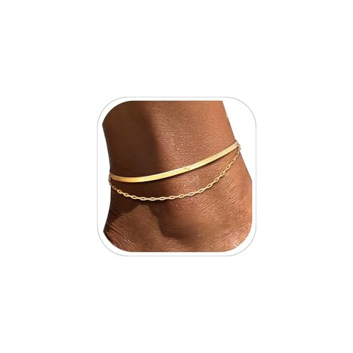 FOCALOOK 14K Gold Plated Ankle Bracelets for Women, Waterproof Flat Snake & Paperclip Chain Anklets Set, Layered Anklet Chain for Beach Adjustable 8.5-10.5 Inch | Amazon (US)
