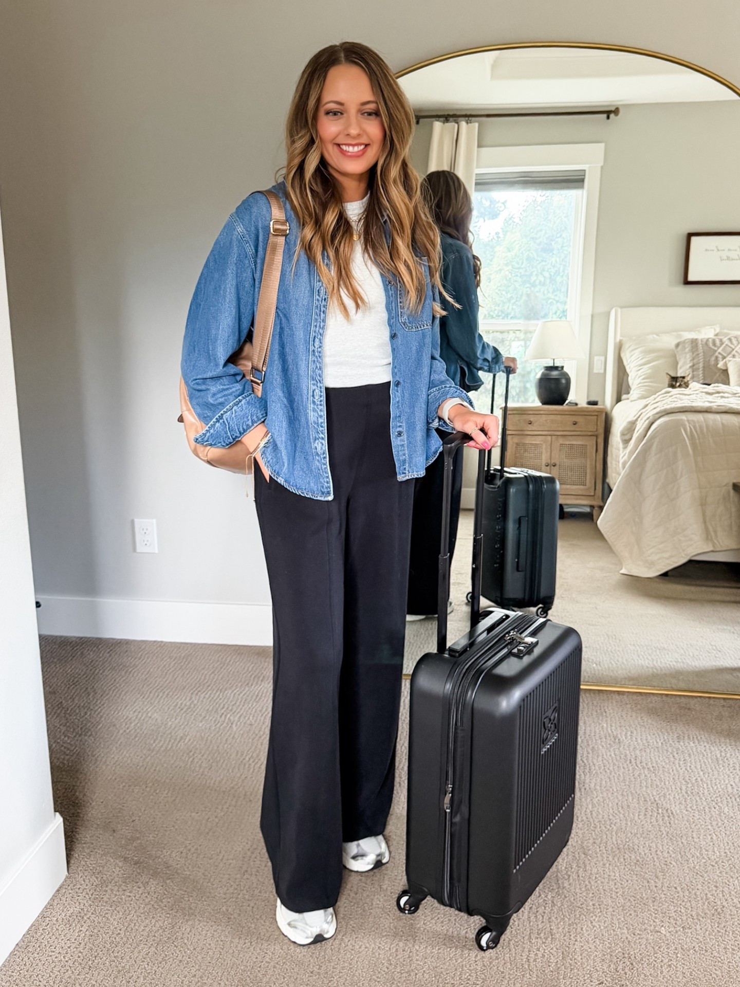 This has become my go-to outfit for travel. The Target pants are stretchy, comfy, and have pockets (major win). I layered a fitted Old Navy crop tank with this lightweight Target denim shirt and my new Nikes. Easy, comfortable, and still looks put together.

#LTKTravel #LTKOver40 #LTKootd