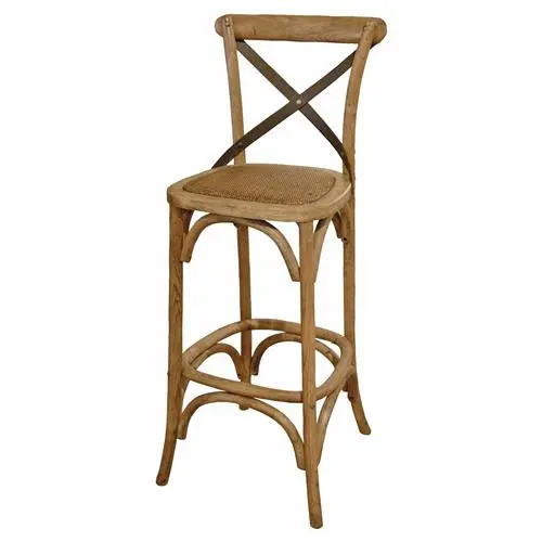 Valois French Country Metal Cross Oak Bar Stool | Kathy Kuo Home
