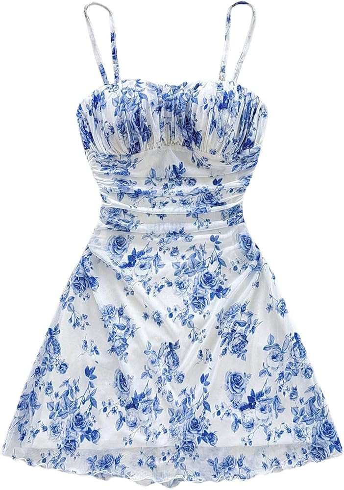 Verdusa Women's Floral Ruched Summer Cami Dress Flowy A Line Wedding Guest Mini Dresses Blue and ... | Amazon (US)