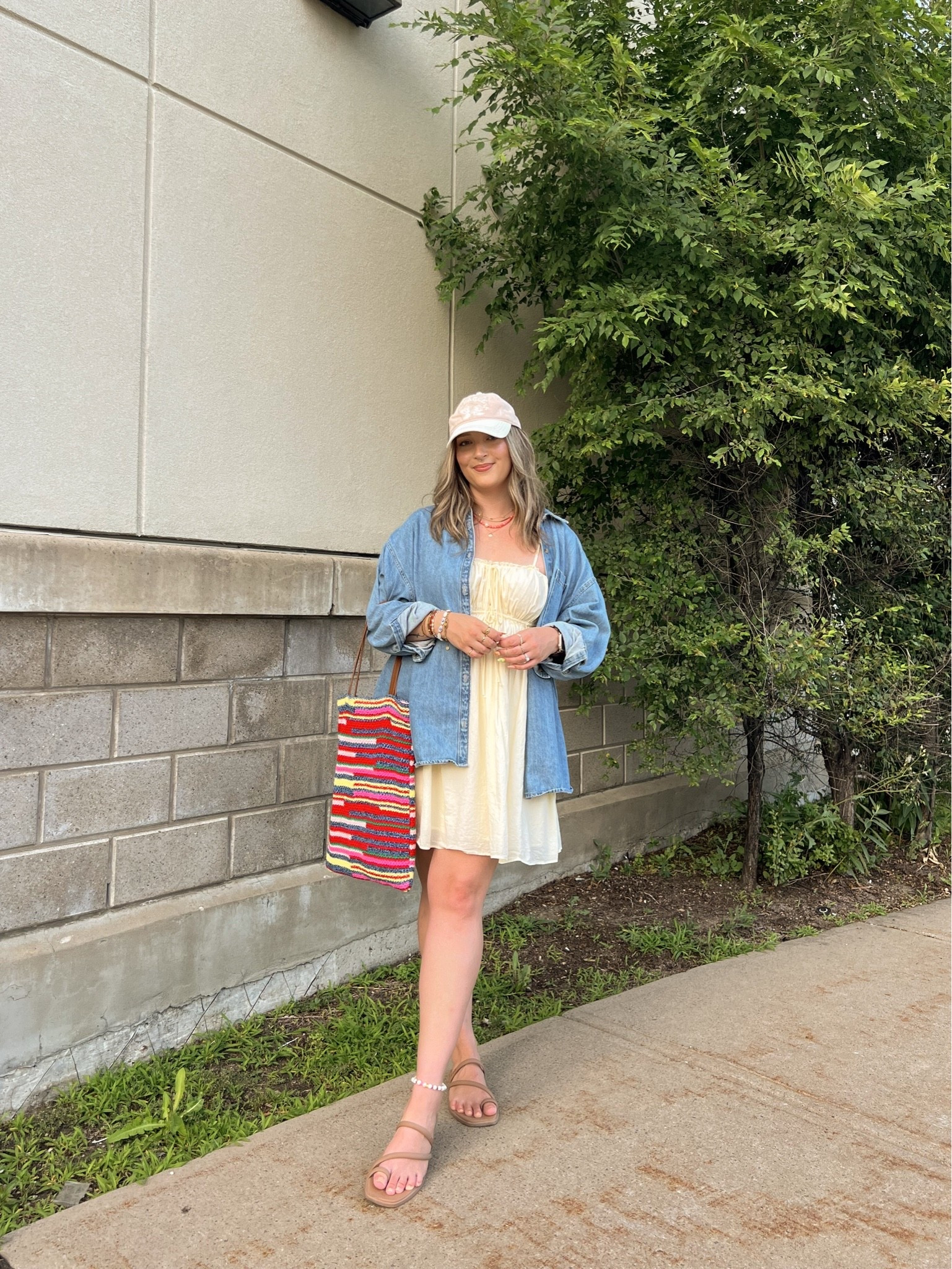 Easy summer outfit! My butter yellow dress is old from aerie, but I linked a super similar option! Wearing my usual size L in the denim shirt. Crocs sandals are super comfy, I’m a 9.5-10 shoe and wear a 10. Canadian shirt, sandals, and bag links are under “similar products”

#LTKsummer #LTKdresses #LTKmidsize