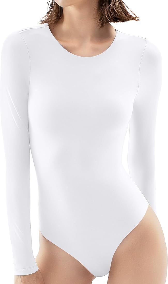 Women's Crew Neck Long Sleeve Bodysuit Second-skin Feel Tops Smoke Cloud Collection | Amazon (US)