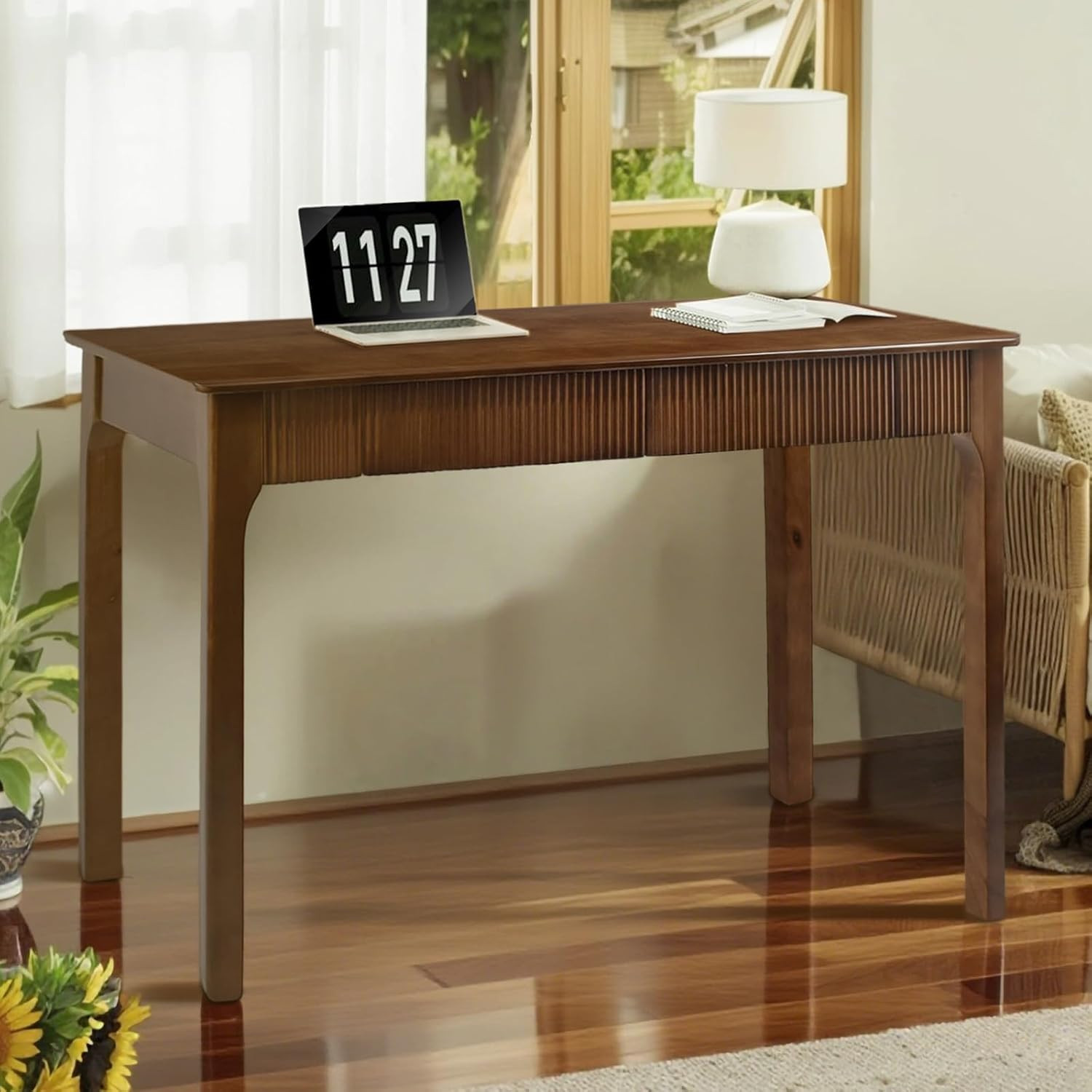 47.2'' Solid Wood Desk with 2 Drawers, Mid Century Modern Home Writing Office Wooden Desk ,Vintage Computer Table with Storage for Living Room, Bedroom, Fluted Design Brown (Walnut, 47.2 Inch) | Amazon (US)