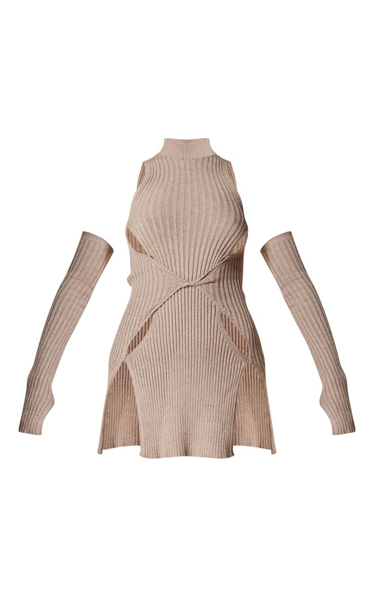 PLT Label Dark Taupe Knitted Twist Front Cold Shoulder Bodycon Dress | PrettyLittleThing US