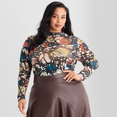 new!Ashley Graham Mesh Print Womens Plus Mock Neck Long Sleeve T-Shirt | JCPenney