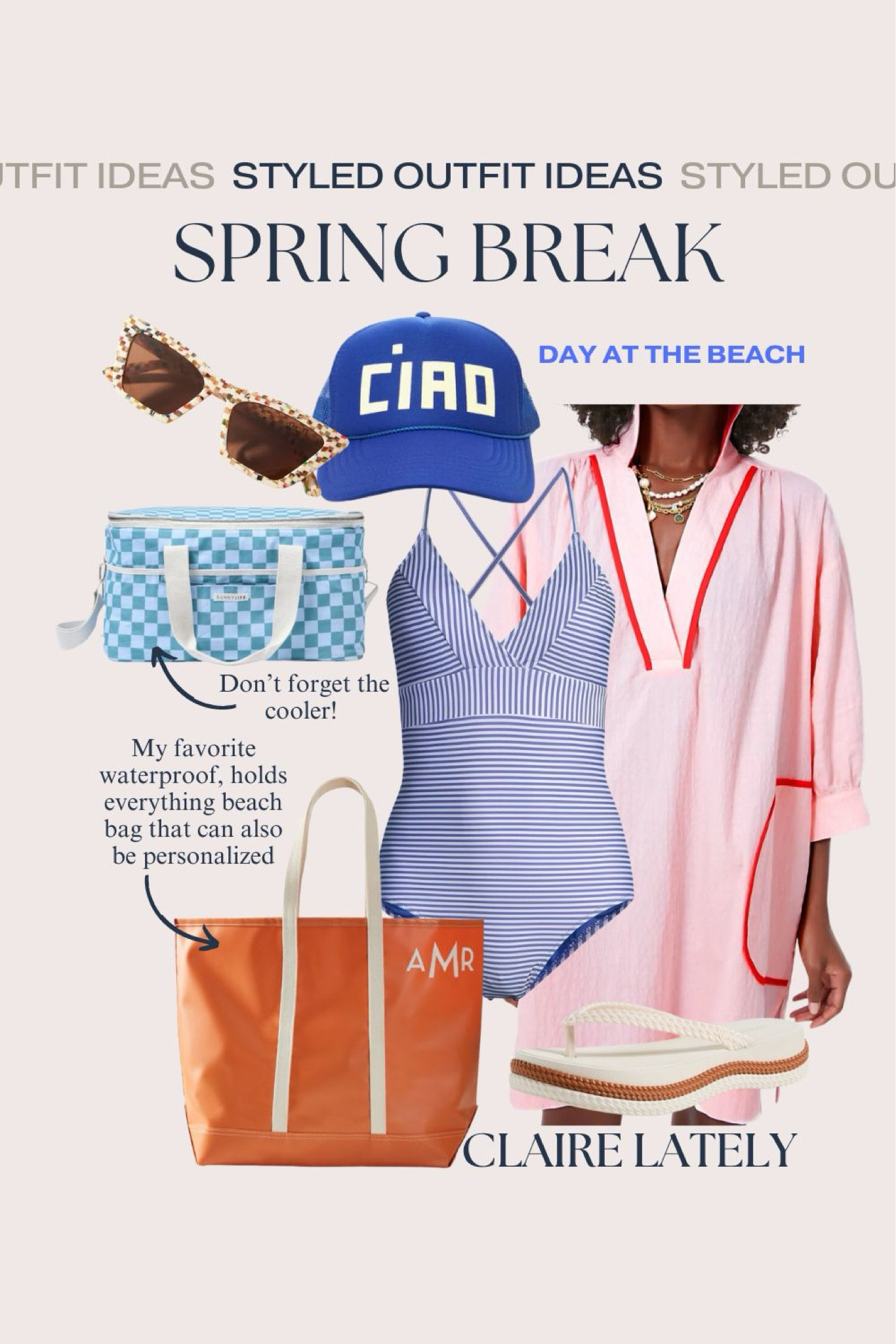 Spring Break Vacation Outfit Idea - beach day. One piece swimsuit, tuckernuck coverup, favorite waterproof bag, flip flop slides, business & pleasure cooler, under $50 sunglasses, Clare v hat
❤️ CLAIRE LATELY 

#LTKtravel #LTKSeasonal #LTKSpringSale