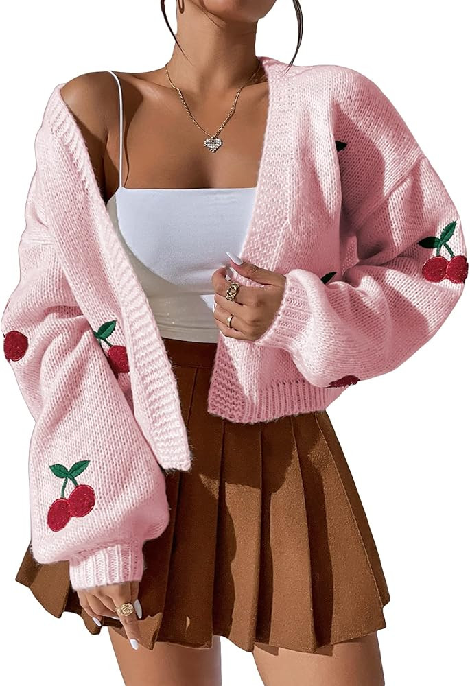 MakeMeChic Women's Floral Applique Lantern Sleeve Open Front Cropped Cardigan Sweater | Amazon (US)