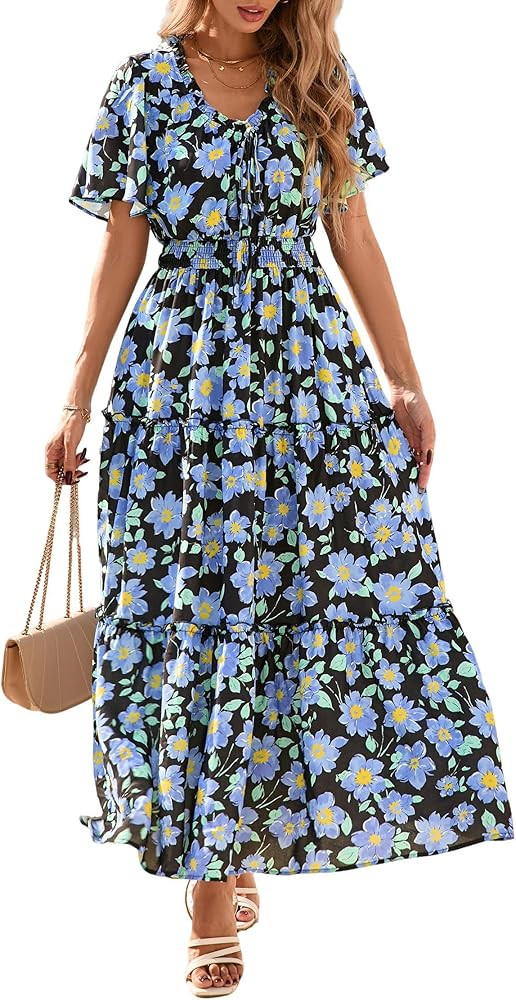 KIRUNDO Spring Summer Wedding Guest Dresses for Women 2026 Boho Floral Short Sleeve V Neck Ruffle... | Amazon (US)