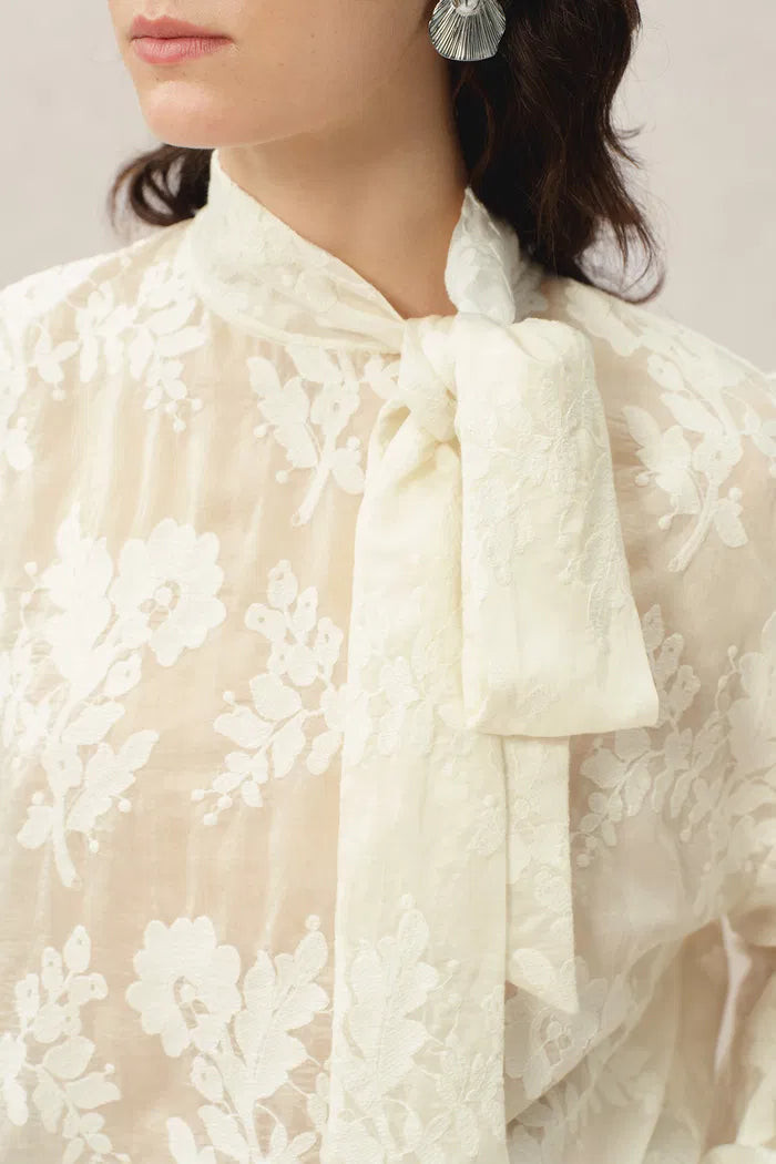 Mirta Tie-Neck Top in Embroidered Fine Mesh | Fabrique