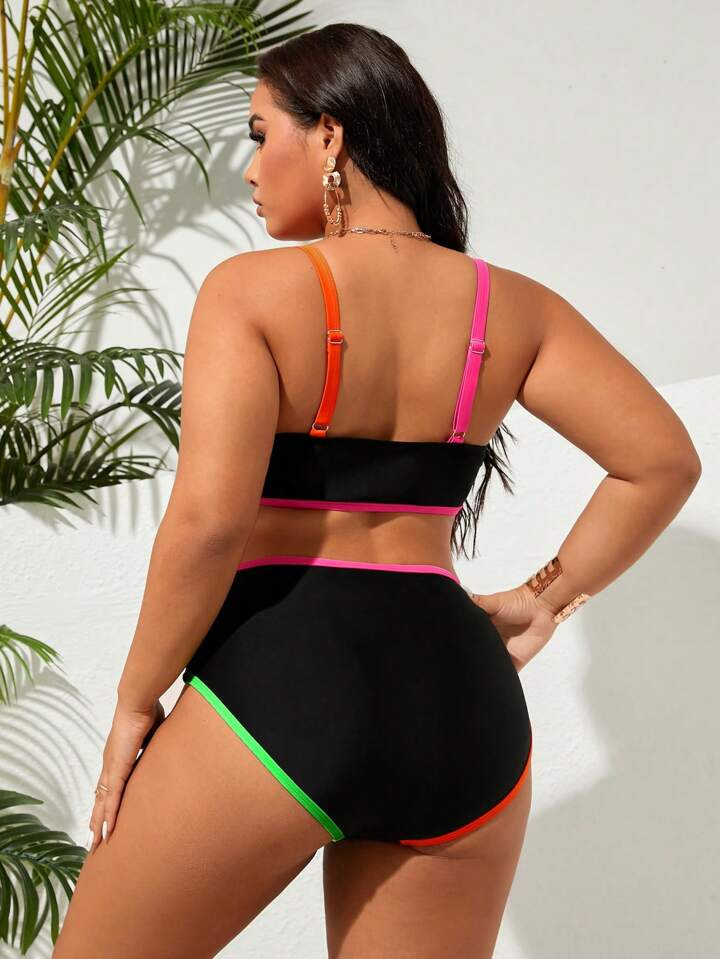 SHEIN Swim Curve Plus Size Fashionable Contrast Neon Trim Two-Piece Bikini Set Bathing Suit For S... | SHEIN