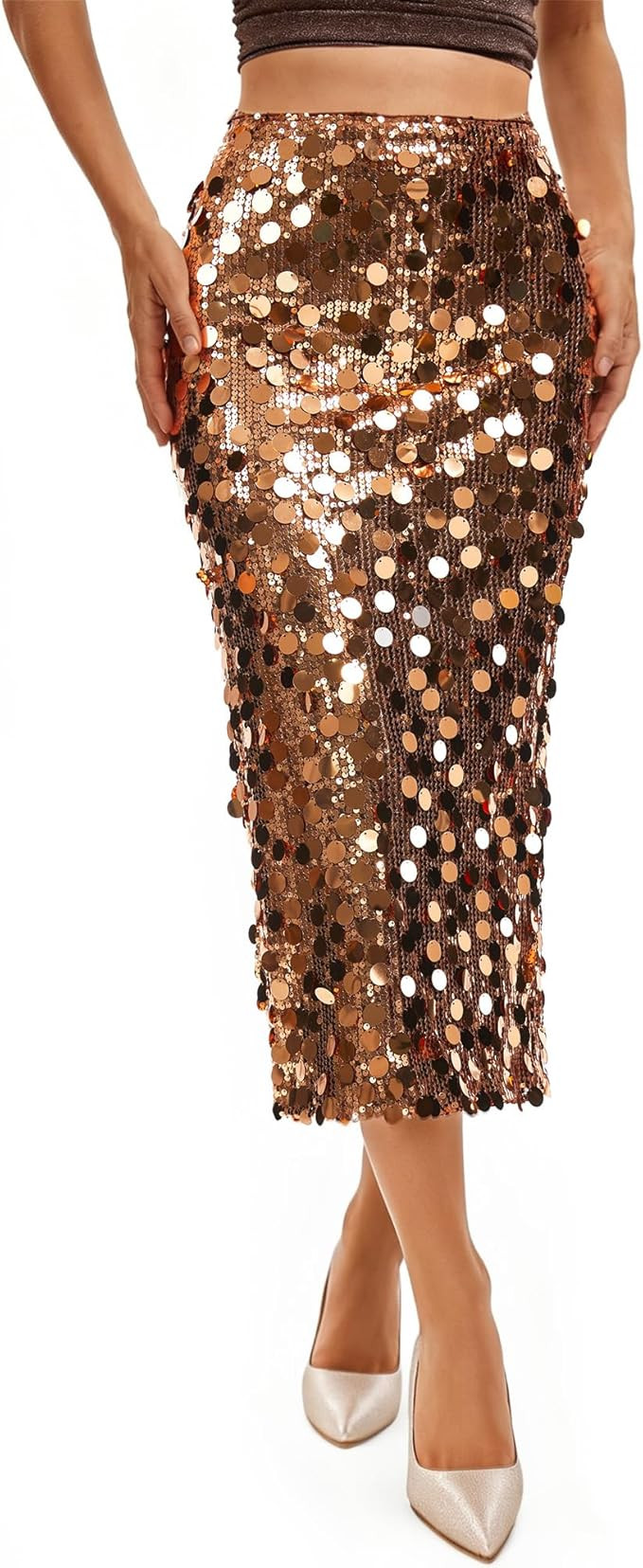 JASGOOD Sequin Skirt for Women Elastic High Waist Midi Skirt Side Slit Stretchy Sparkle Skirts fo... | Amazon (US)