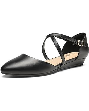 DREAM PAIRS Pointed Toe Low Wedge Heeled Ankle Strap Flats Shoes for Women Dressy Comfortable, Ca... | Amazon (US)
