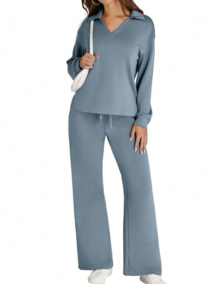Women's 2 Piece Sets Outfits Casual Long Sleeve Sweatsuits Polo Top And Wide Leg Pants Matching S... | SHEIN
