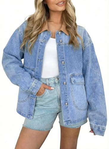 EVALESS Women's Oversized Jean Jacket Button Down Contrast Trim Barn Jackets Spring Fashion 2026 Trendy Boyfriend Denim Jacket Classic Long Sleeve Shacket Coat With Pockets Myosotis X-Large | Amazon (US)