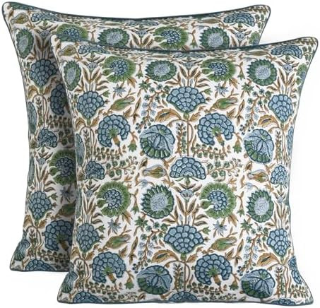 Ridhi Block Print Asparagus Green Pillow Cover 24" x 24" (Pack of 2) Decorative Couch Pillows for... | Amazon (US)