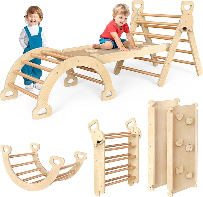 Pikler Triangle Set Montessori Play Gym Climbing Toys for Toddlers 1-3 Inside Wooden Baby Play Gy... | Amazon (US)