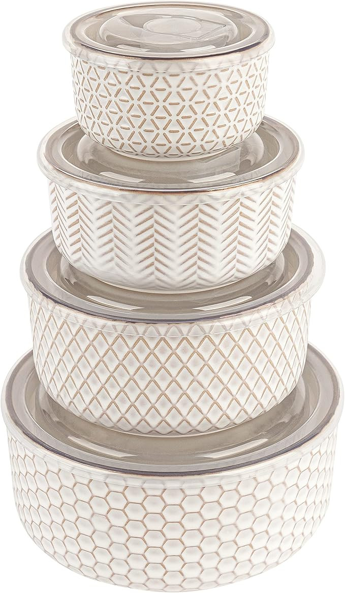 KooK Ceramic Nesting Bowls, with Lids, Serving, Set of 4, Embossed, Kitchen, Prep, Mix, Gift, Hou... | Amazon (US)