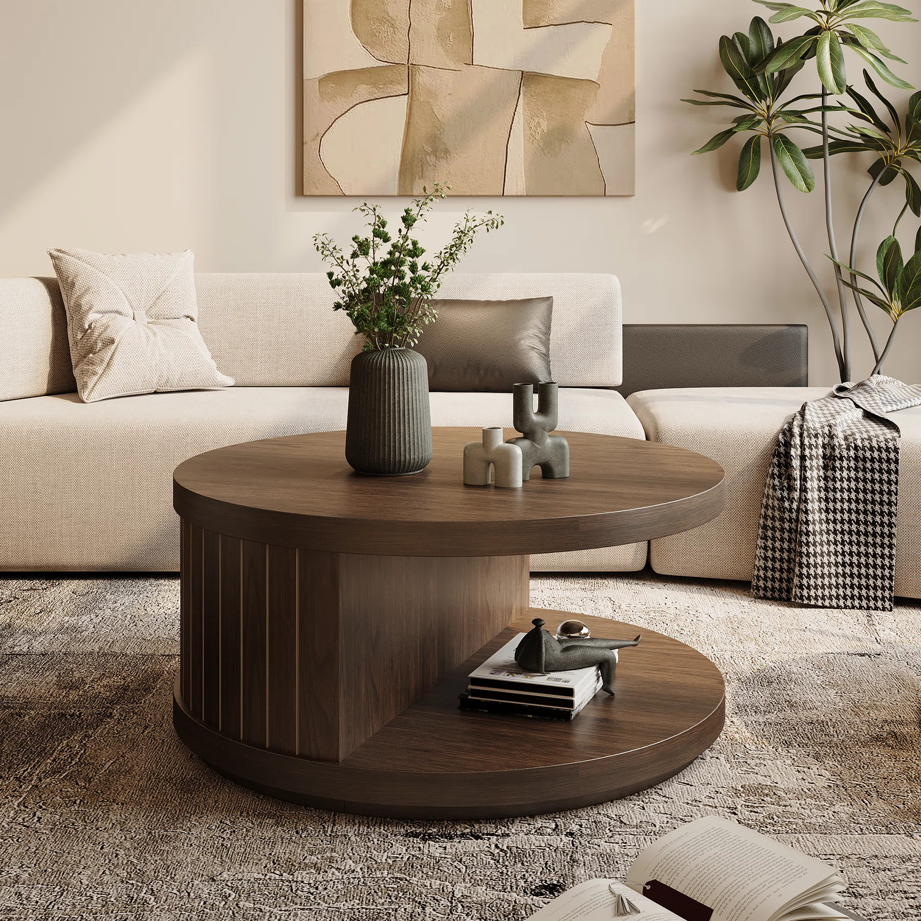 31" Round Wood Coffee Table With Open Storage Shelf, Farmhouse 2-Tier Circle Cocktail Tea Table F... | Wayfair North America
