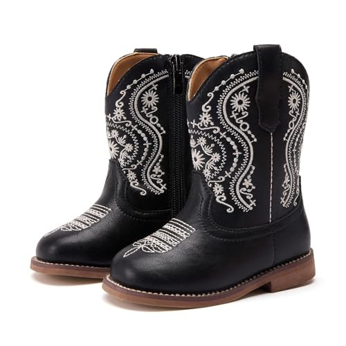 BMCiTYBM Toddler Cowgirl Cowboy Boots Little Boys Gilrs Kids Square Toe Western Boots Mid Calf Side Zipper Riding Shoes for All Seasons Black Size 9 Toddler | Amazon (US)