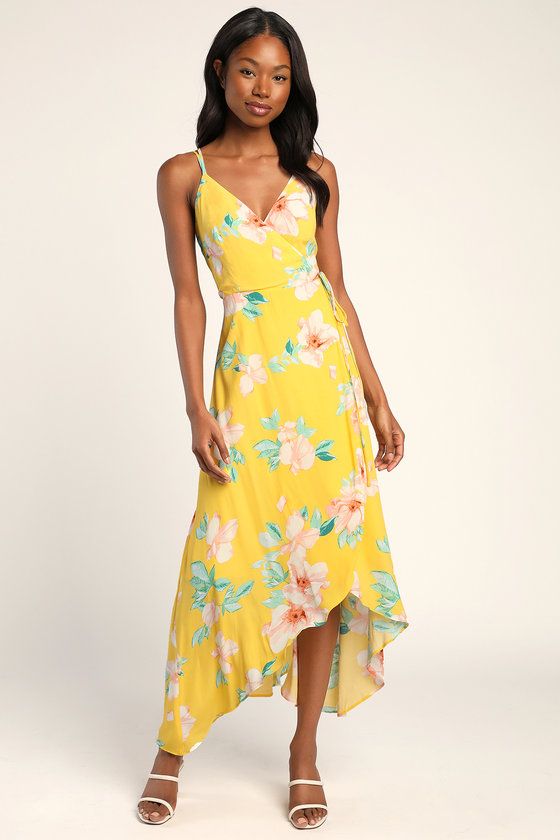 Blooming Bright Yellow Floral Print High-Low Wrap Midi Dress | Lulus (US)