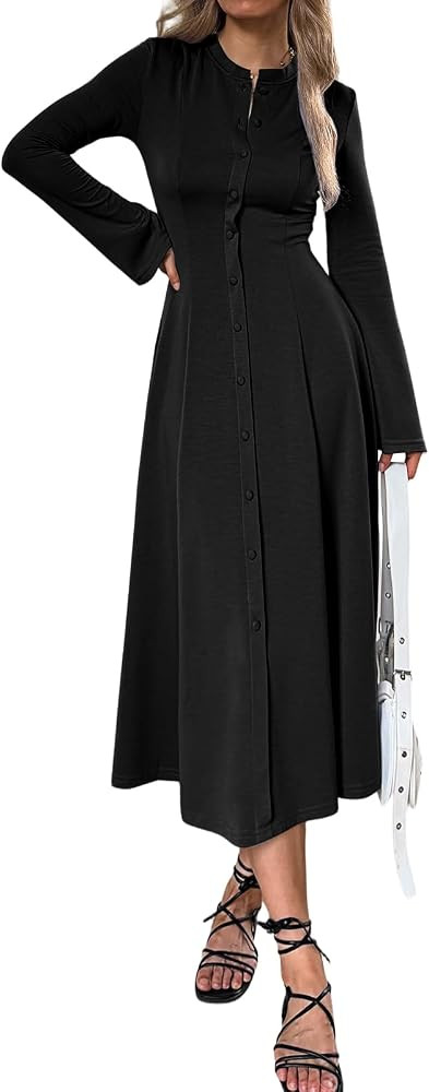 Mieazom Women's Long Bell Sleeve Button Down A Line Semi Formal Maxi Dress | Amazon (US)