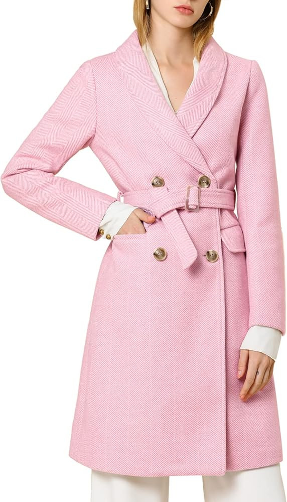 Allegra K Women's Double Breasted Shawl Collar Chevron Belted Long Winter Coat | Amazon (US)