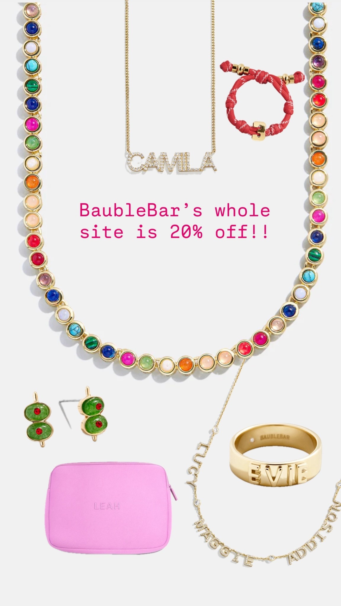 BaubleBar’s whole site is 20% off!!

Hostess gifts
Colorful
Fun
Accessories
Express shipping



#LTKselfcare #LTKSaleAlert #LTKGiftGuide
