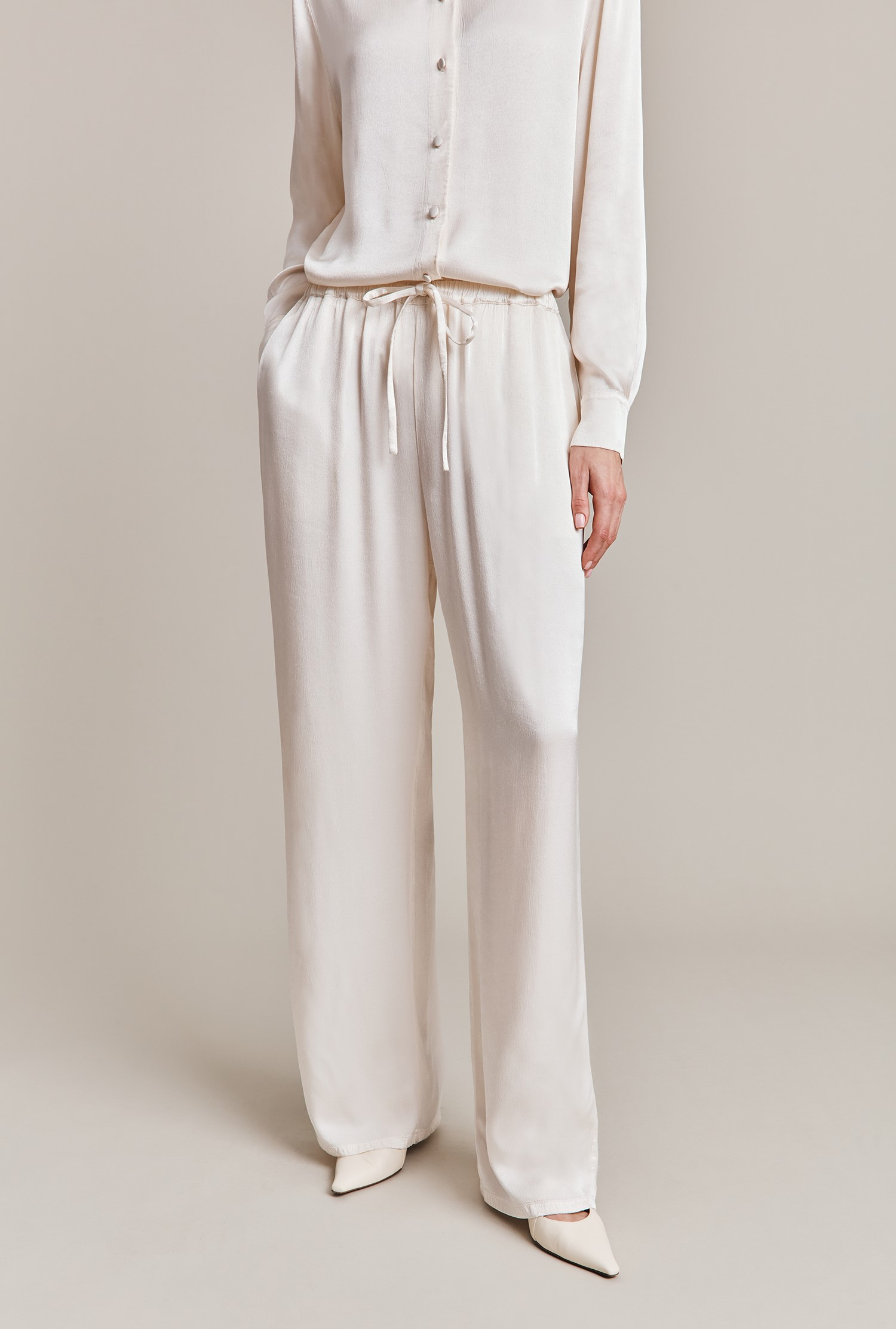 Imogen Ivory Satin Wide Leg Trouser | Ghost London | Ghost