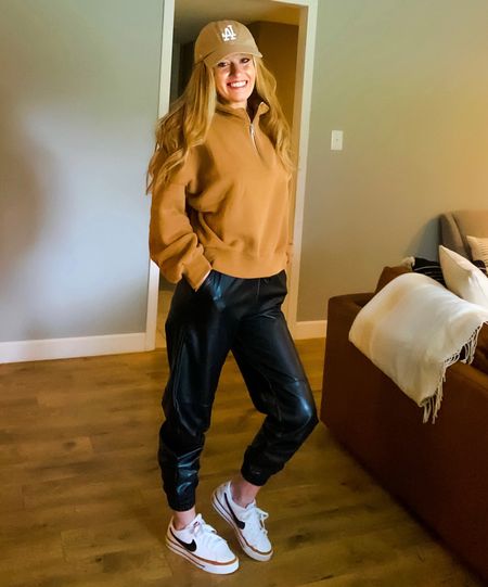 Absolutely loving this whole #ootd
Pullover & faux leather joggers(I’m wearing the XS they are high waisted and run a little big in my opinion so I sized one size down & they are perfect ) both from Abercrombie + hat from Urban Outfitters && BOTH will be part of the #ltksale starting this weekend!!! 
Whoo-hoo 🥳🥰🤩 special discount codes loading soon…
*shoes are currently one of the most wanted pairs of women’s Nikes•snag yourself a pair now• you deserve it!😘 #happyfriday #retailtherapy
 #fallfashion #favorites #mystyle #simplestyles #momminallday 

#LTKfit #LTKshoecrush #LTKSale