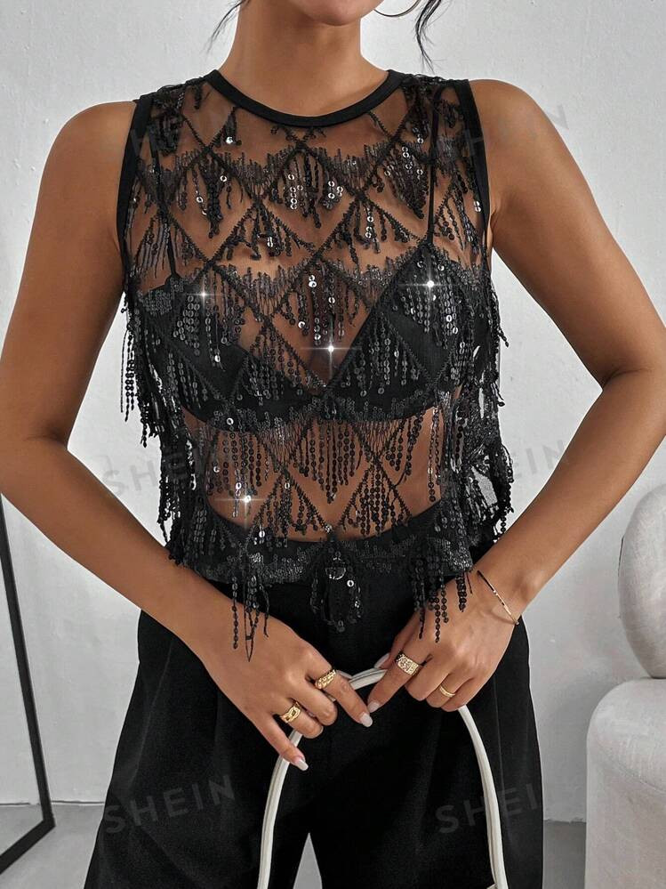 SHEIN Essnce Plus Size Women Casual Fashion Party Sequin Black See-Through Tops Vest,Party Tops,C... | SHEIN